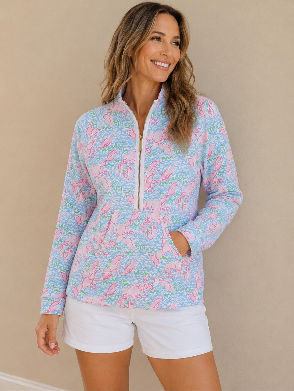 Lilly Pulitzer LOBSTAH ROLL 1/2 Zip Kangaroo Pocket L Sleeve Cotton Jacket. Med